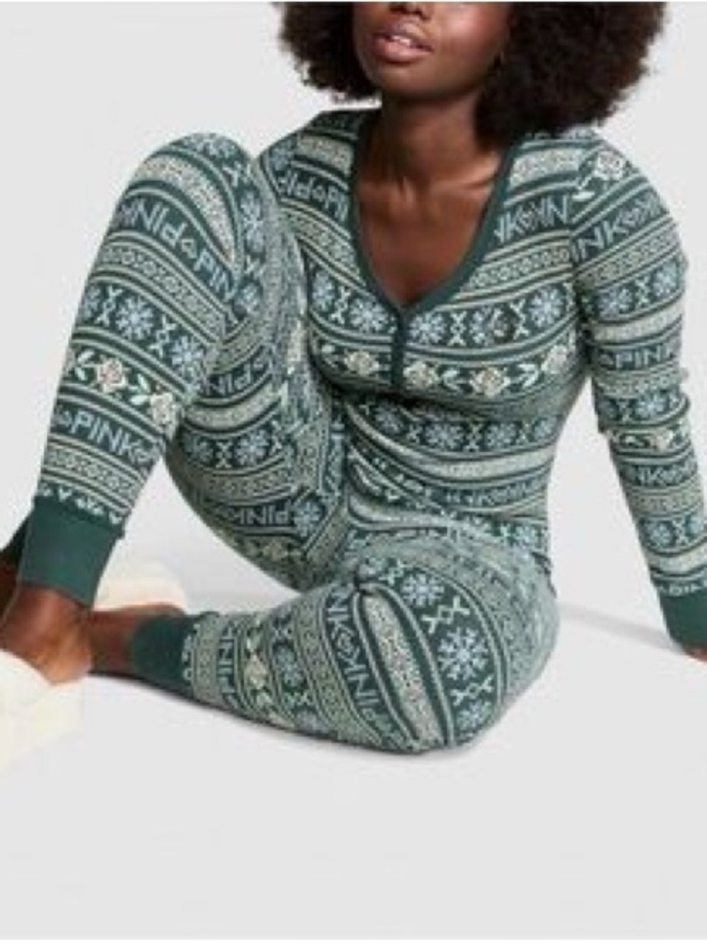 PINK Victoria's Secret Dark Green Fair Isle Henley One-Piece Pajama Romper